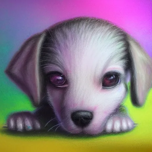 Image similar to Highly detailed pastel painting of a chibi puppy, detailed cyberpunk glitchcore synthwave art, trending on ArtStation