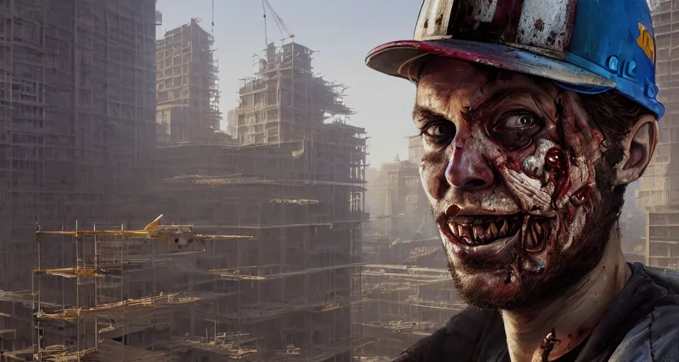 Image similar to highly detailed portrait construction worker zombie in gta v, building construction site, stephen bliss, unreal engine, fantasy art by greg rutkowski, loish, rhads, ferdinand knab, makoto shinkai and lois van baarle, ilya kuvshinov, rossdraws, tom bagshaw, global illumination, radiant light, detailed and intricate environment