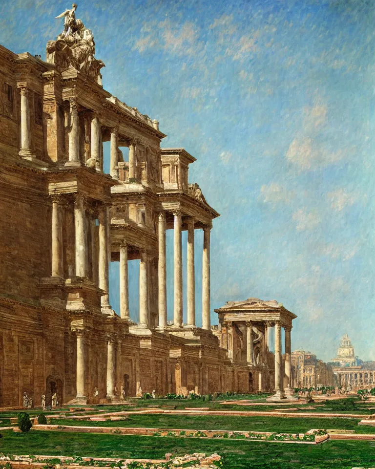 Image similar to achingly beautiful painting of intricate ancient victor emmanuel ii roma on jade background by rene magritte, monet, and turner. giovanni battista piranesi. giuseppe sacconi, ettore ferrari, manfredo manfredi, gaetano koch, pio piacentini