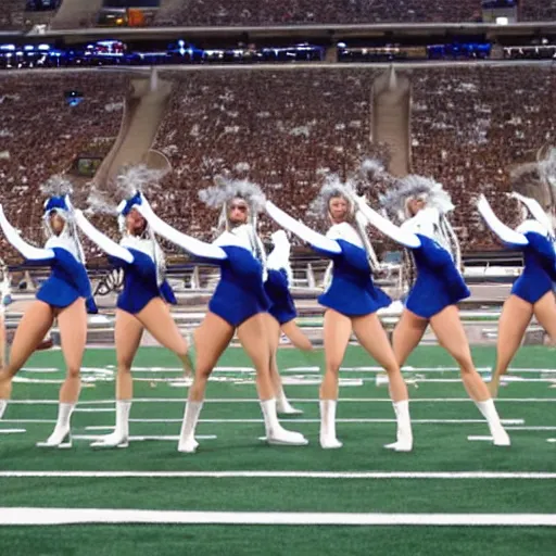 Image similar to Three anthropomorphic goats, dressed as Dallas cowboys cheerleaders, doing a kickline at AT&T stadium on the football field