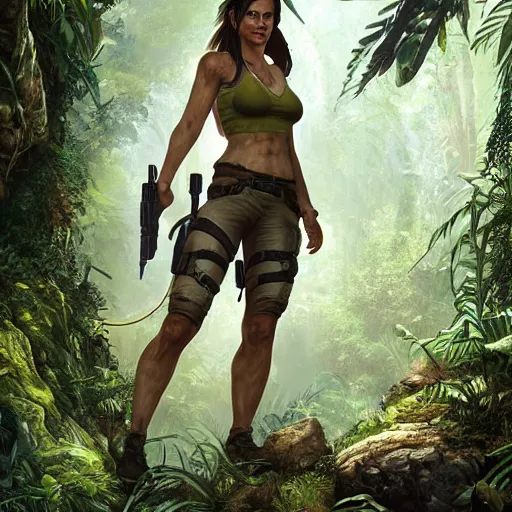 Image similar to lara croft in jungle, au naturel, hyper detailed, digital art, trending in artstation, cinematic lighting, studio quality, smooth render, unreal engine 5 rendered, octane rendered, art style by klimt and nixeu and ian sprigger and wlop and krenz cushart.