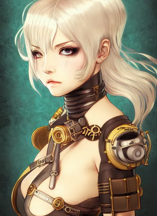 Prompt: portrait Anime girl in steampunk bikini armor, cute-fine-face, white-hair pretty face, realistic shaded Perfect face, fine details. Anime, steampunk, bioshock. realistic shaded lighting by Ilya Kuvshinov and Gustav Klimt