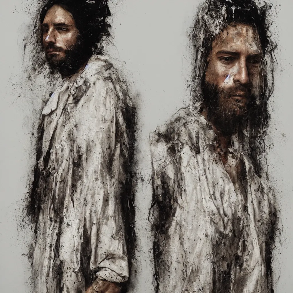 Image similar to a full body lookbook portrait of modern - day jesus wearing cream yeezy and fear of god menswear collection by nicola samori, detailed, oil painting, hyper - realistic, 8 k, yeezy collection