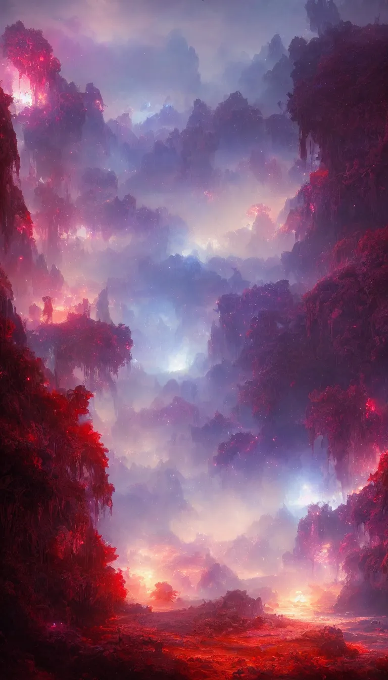 Image similar to luscious fibrous world made of mystical magical energy colorized as blue, red, and purple, illustrated by Greg Rutkowski and Gaston Bussiere, loquacious lighting, volumetric lighting, beautiful photography, landscape imagery, Trending on artstation, 4k, 8k.