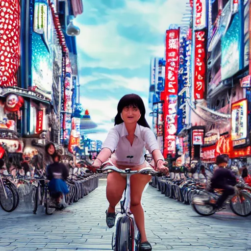 Image similar to anime girl riding bicycle in highly detailed dotonbori street, studio ghibli style, by hayao miyazaki, sharp focus, highly detailed, 4k