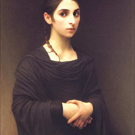 Image similar to A very detailed portrait of Alia Atreides, a girl with glowing blue eyes, wearing a black robe with a burnoose, by William-Adolphe Bouguereau