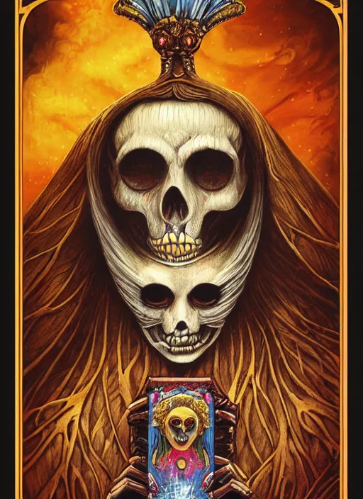 Image similar to queen of heats the fool tarot card, highly detailed, half skull face, cinematic, 8 k, bymegan duncanson, benjamin lacombe, naoto hattori, adrian borda, giger, trending on deviantart, hyper detailed, horror, full of colour