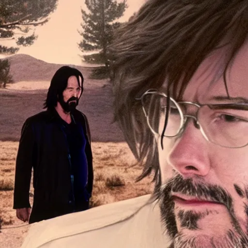 Prompt: A photo of Keanu Reeves having a standoff with Walter White in Breaking Bad, 8K concept art, shot on Kodak Ektar