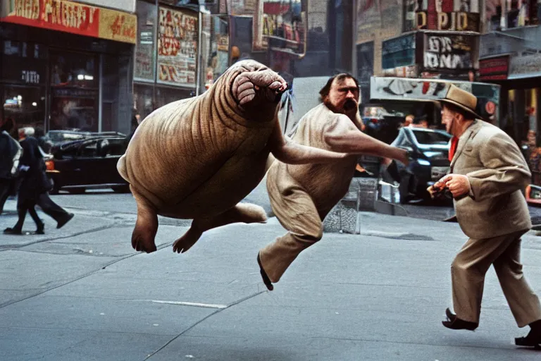 Image similar to closeup potrait of a walrus chasing people in a new york street, natural light, sharp, detailed face, magazine, press, photo, Steve McCurry, David Lazar, Canon, Nikon, focus