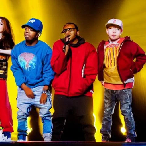 Prompt: kendrick lamar brings alvin and the chipmunks on stage to rap with him