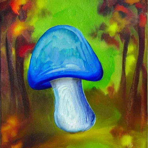 Image similar to A huge glowing blue mushroom inside a rainforest, oil painting