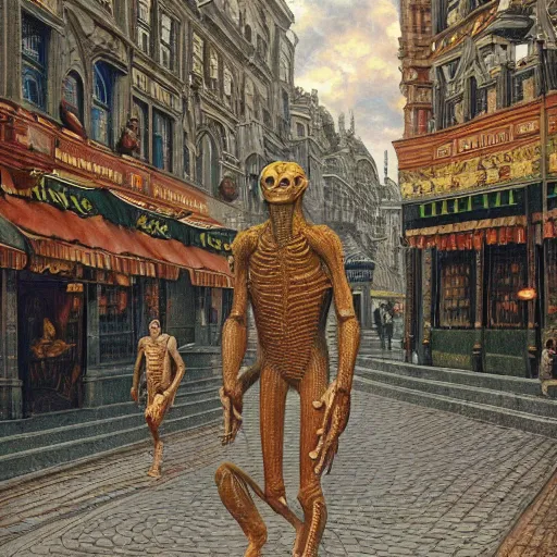 Image similar to humanoid reptilian man walks through the center of a city, extremely detailed oil painting, 1 9 2 0's colored pencil, highly detailed, highly accurate, deep aesthetic, 8 k, highly ornate intricate details, cinematic lighting, rich colors, beautiful scenic view, ray tracing, hyperrealistic, photorealistic, cinematic landscape, trending on artstation, concept art,