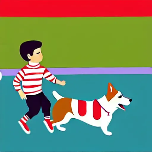 Image similar to illustration of boy playing football with a corgi wearing a polkadot scarf on the streets of paris