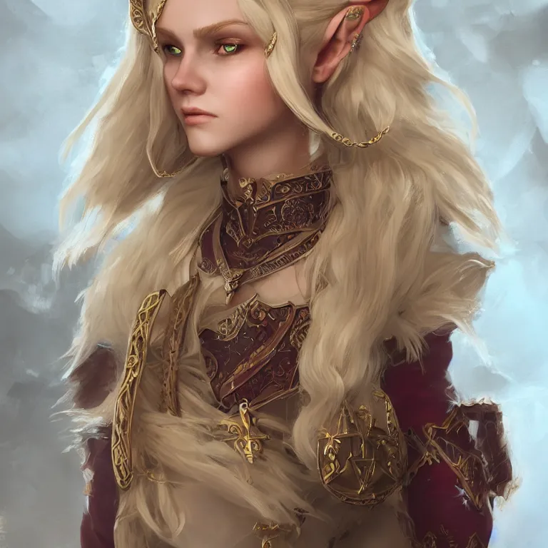 Prompt: a d & d character portrait of a beautiful noble elf princess with blonde hair, regal jewellry by bowater, charlie, trending on artstation, 4 k, cgsociety octane render