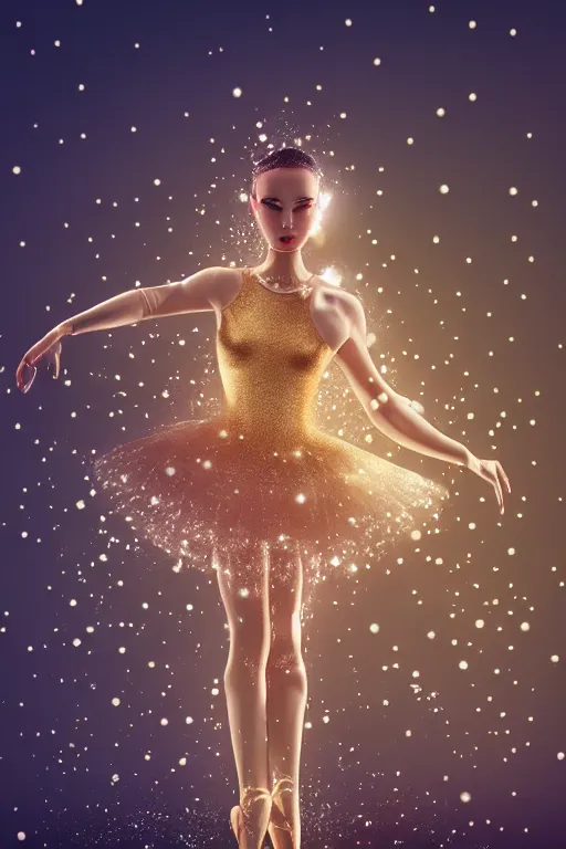 Image similar to pearl skinned ballerina, golden droplets on her face, chessboard pattern clothes, full body picture, crystal eyes, perfect face, atmosphere, glowing, radiant, dancing in the mud, cinematic lighting, high quality, perfect, 8 k high detail, masterpiece, trending on artstation, by ken wong