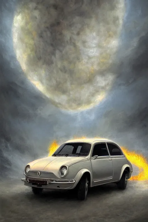 Image similar to Intricate stunning highly detailed FIAT 600 White from the 60s by agostino arrivabene and Vladimir Kush, surreal, digital painting, ultra realistic, Horror vacui, dramatic lighting, full moon, thick black swirling smoke tornado, burning fire embers, artstation