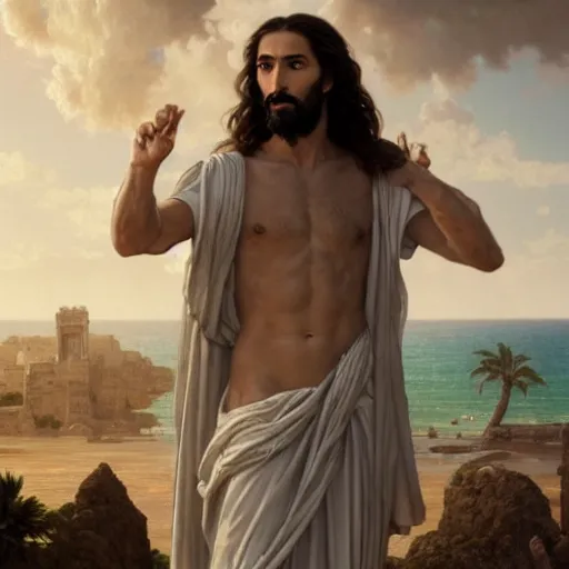 Image similar to an extremely detailed matte painting of a ridiculously good looking jesus that looks like a jewish gigachad with his 1 2 apostle entourage, long curly hair, elegant ancient greek dress, very detailed, windy beach, beautiful, intricate, cinematic, artstation, william bouguereau, alphonse mucha, greg rutkowski, rossdraws, octane render