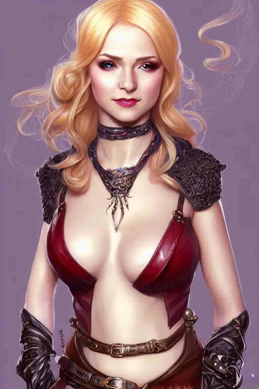 Prompt: Portrait of seductive female bard, D&D, revealing stylish dress like leather armor, choker on neck, long blonde or red hair, mouth slightly open, cute slightly nerdy smile, fantasy, intricate, elegant, stylish, highly detailed, digital painting, artstation, concept art, smooth, sharp focus, illustration, art by artgerm and greg rutkowski and alphonse mucha