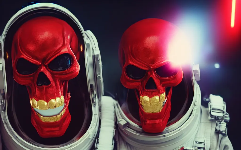 Prompt: angry ornate red skull in astronaut suit, gold linens, cinematic lighting, dramatic, octane render, long lens, shallow depth of field, bokeh, anamorphic lens flare, 8k, hyper detailed, 35mm film grain, hazy