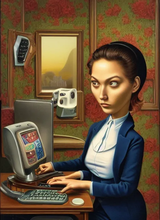 Image similar to A female office worker not understanding what the computer is doing. She's visibly confused. Mark Ryden and Alex Gross, Todd Schorr highly detailed