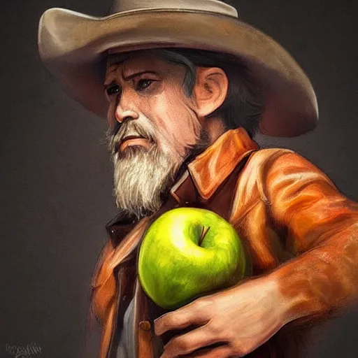 Image similar to a apple wearing a cowboy hat and shooting a revolver into the air. digital art. trending on artstation. amazing quality. great composition. perfect lighting. professional design. mind blowing detail. impressive colors. award winning art.