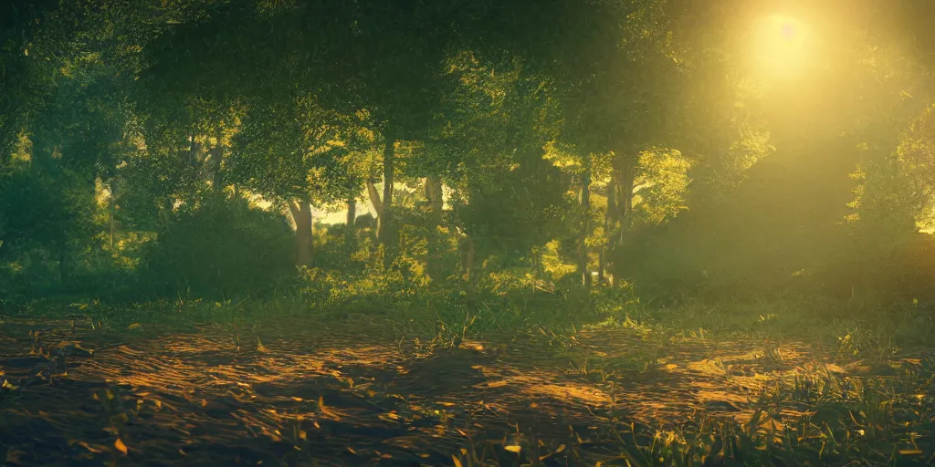 Image similar to low poly 3D rendering of a beautiful natural landscape,warm light, cinematic lighting, bokeh, lense flare