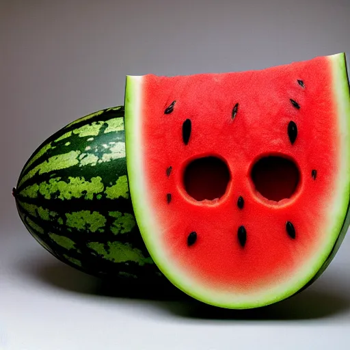 Prompt: a watermelon with the face of mike ehrmantraut carved into it. realistic photograph, intricate details