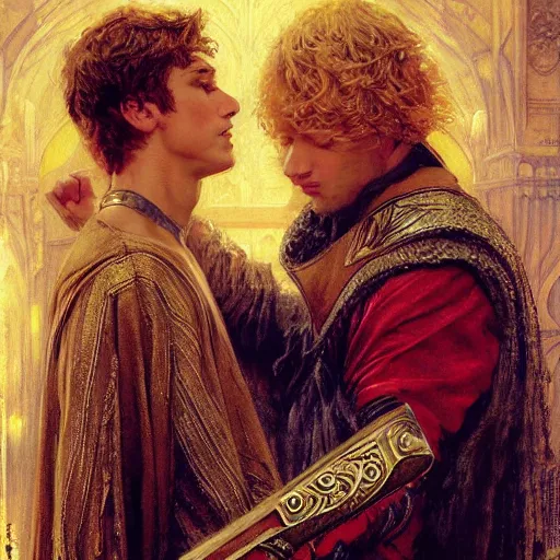 Image similar to stunning arthur pendragon in love with stunning male merlin the mage. they are close to each other. highly detailed painting by gaston bussiere, craig mullins, j. c. leyendecker