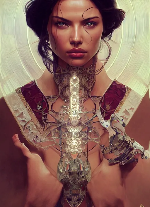 Image similar to symmetry!! adriana lima, machine parts embedded into face, intricate, elegant, highly detailed, digital painting, artstation, concept art, smooth, sharp focus, illustration, art by artgerm and greg rutkowski and alphonse mucha, 8 k