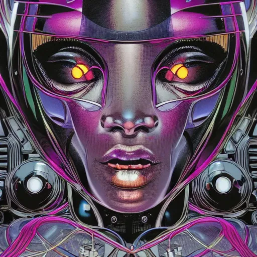 Image similar to portrait closeup of black glossy woman mecha, symmetrical, by yoichi hatakenaka, masamune shirow, josan gonzales and dan mumford, ayami kojima, takato yamamoto, barclay shaw, karol bak, yukito kishiro, moebius