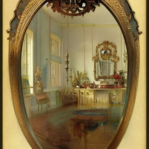 Prompt: a beautifull intricate watercolour painting of a victorian room with mirror, reflexions, verry high details by william turner art, greg rutkowski and alphonse mucha, trending on artstation, very very detailed, masterpiece, - h 7 0 4