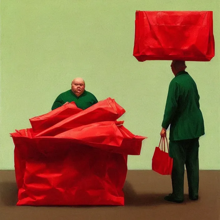 Image similar to melting old fat man portrait with a white paper bag over the head, dressed in red paper bags, holding stack of green paper bags, highly detailed, artstation, art by edward hopper, zdislav beksinski, wayne barlowe, edward hopper