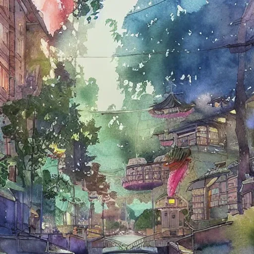 Image similar to Beautiful happy picturesque charming sci-fi town in harmony with nature. Beautiful light. Water and plants. Nice colour scheme, soft warm colour. Beautiful detailed watercolor by Vincent. (2022)