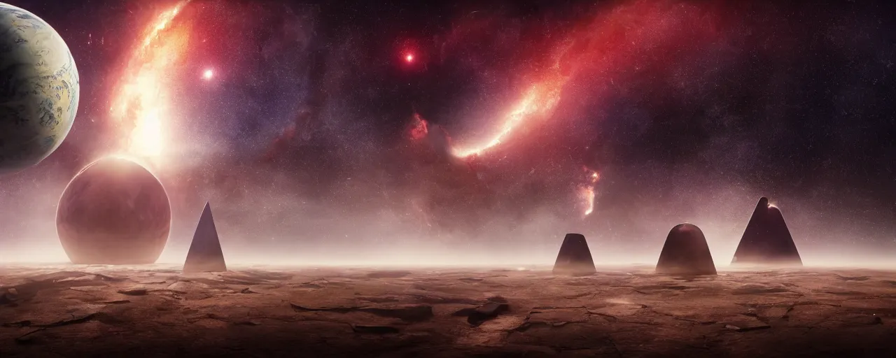 Image similar to movie still, galactic horizon with angular minimalist obsidian monoliths floating in space, cell automata, unreal engine, octane render, detailed and intricate, cloudy, global illumination, volumetric lighting, hubble telescope images, james webb telescope images, detailed and intricate environment, color graded