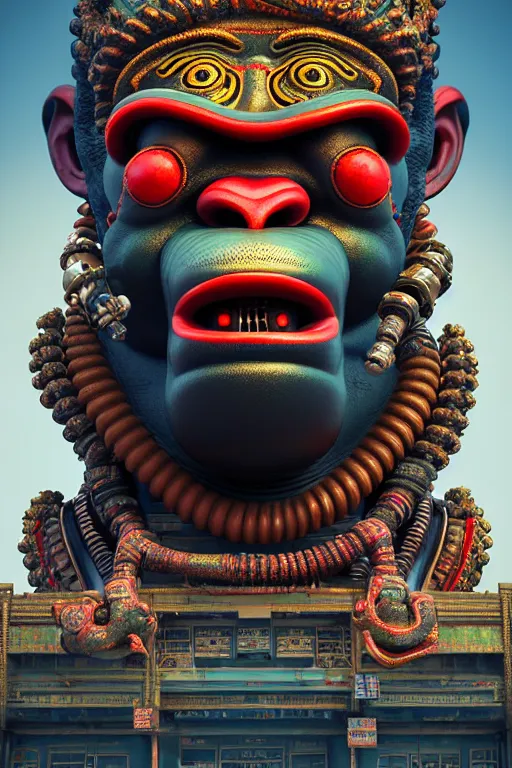 Image similar to high quality 3 d render post - rococo cyberpunk hanuman! head building, neon madhubani, open mouth, highly detailed, in sci - fi new delhi, cinematic smooth unreal engine, lee madgwick & liam wong, dramatic light, low angle, uhd 8 k, sharp focus