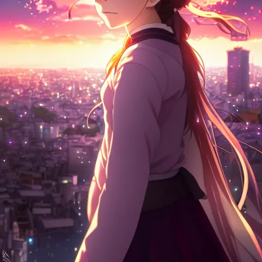 Image similar to portrait emma watson in heavens feel movie, tokyo, ufotable, kyoani, high quality, key visual, cinematic, city background, night time, rooftop, fate stay night, unlimited blade works, greg rutkowski, high resolution, street clothes, anime, high budget