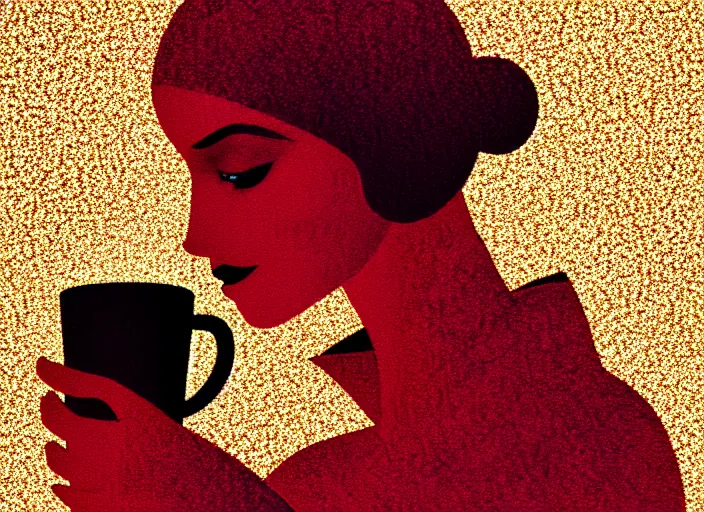 Image similar to portrait of a heroine drinking coffee, colorful,vivid, Mads Berg, Karolis Strautniekas,small finely stippled light, dramatic lighting,fine texutre, editorial illustration, detailed, matte print, dynamic composition,moody, cinematic, film grain,perspective