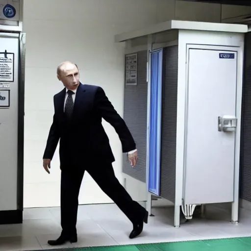 Prompt: wary Vladimir Putin leaving a public toilet with a suspicious suitcase