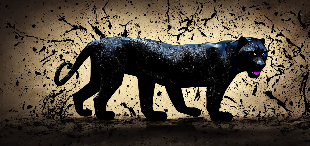 Image similar to a panther, made of tar, in a suburban backyard, sticky, full of tar, covered with tar, dripping tar, dripping tar, splattered tar, sticky tar. concept art, reflections, black goo, animal drawing, desktop background