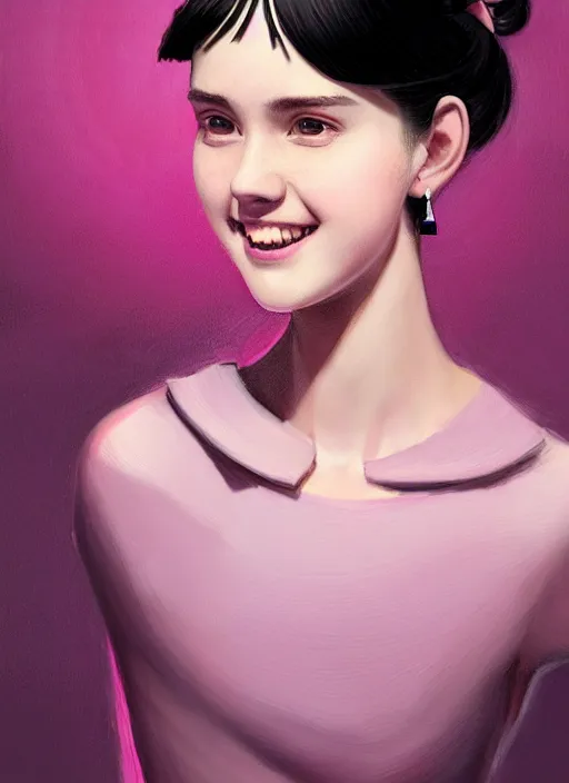 Image similar to portrait of high school girl, realistic, black hair, bangs, half updo hairstyle, pointy nose, skinny, smile, ugly, defined jawline, big chin, pink hair bow, earrings, intricate, elegant, glowing lights, highly detailed, digital painting, artstation, sharp focus, illustration, art by wlop, mars ravelo and greg rutkowski