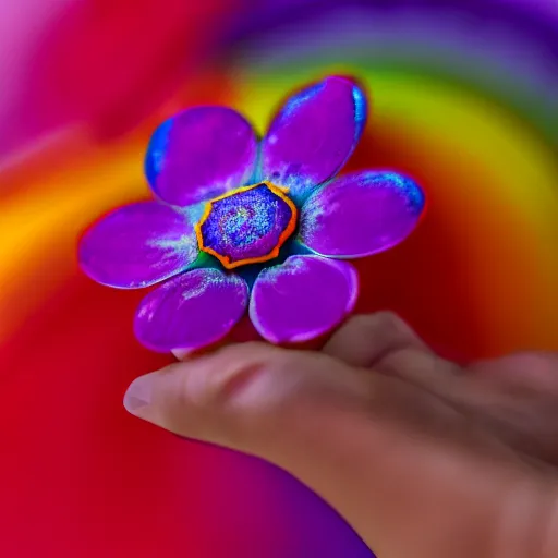 Image similar to closeup photo of rainbow - colored flower with 7 petals, held by hand, shallow depth of field, cinematic, 8 0 mm, f 1. 8