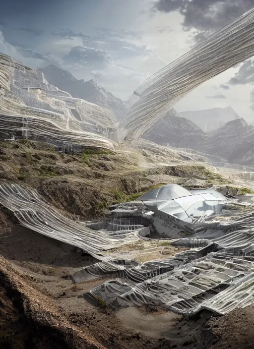 Image similar to techno chuquicamata bioremediation white mining tailing futuristic horizontal architecture, epic, cinematic, hyperealistic, high detailed, corona render, hdr, ray tracing