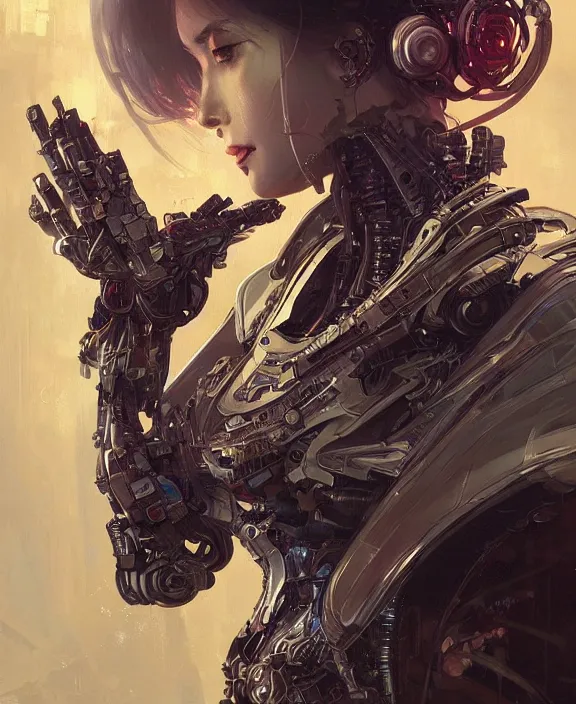 Image similar to portrait of a cyberpunk robot, half body, d & d, fantasy, intricate, elegant, highly detailed, digital painting, artstation, concept art, art by artgerm and greg rutkowski and alphonse mucha