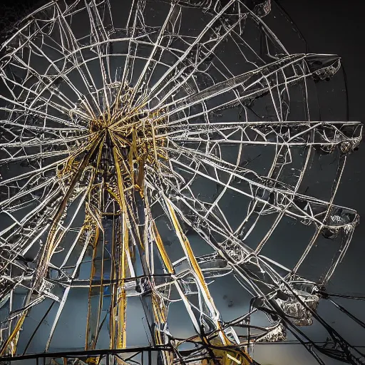 Prompt: an old abandoned rusty ferris wheel, in a town filled with pale yellow mist. Dystopian. Award-winning colored photo. OM system 12–40mm PRO II 40mm, 1/100 sec, f/2 8, ISO 800