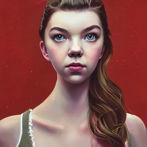 Prompt: a beautiful scenic painting of a beautiful young woman that looks like anya taylor - joy by artgerm and wlop and wes anderson and spike jonze