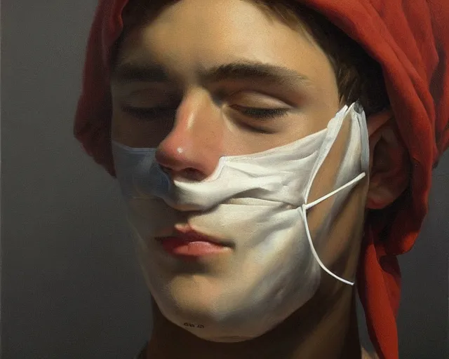 Prompt: masterpiece oil paint of a european young man covering face with fabric mask, trending on artstation, context art, extremely detailed