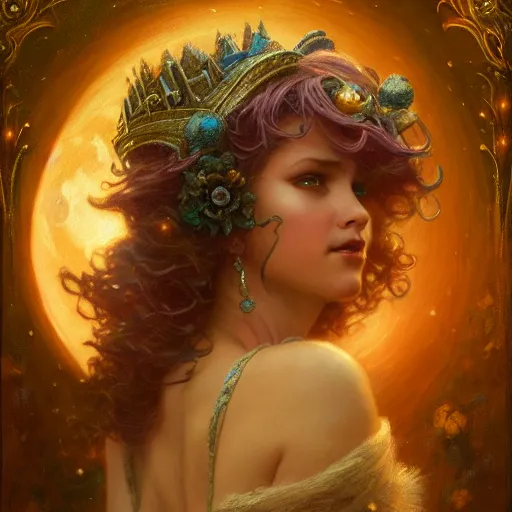 Image similar to attractive fairy queen fly high in the night, fantasy, full moon in background. hyper detailed painting by gaston bussiere, craig mullins, j. c. leyendecker, mid shot, 8 k, cryengone, cinematic lighting, beautiful,