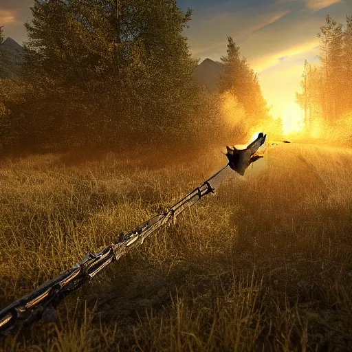 Image similar to war torn battlefield outside of a forest, crashed plane, dragon flies overhead, golden hour, ray tracing reflection, 8k, hyper realistic, insainly detailed, hdr, octan render,