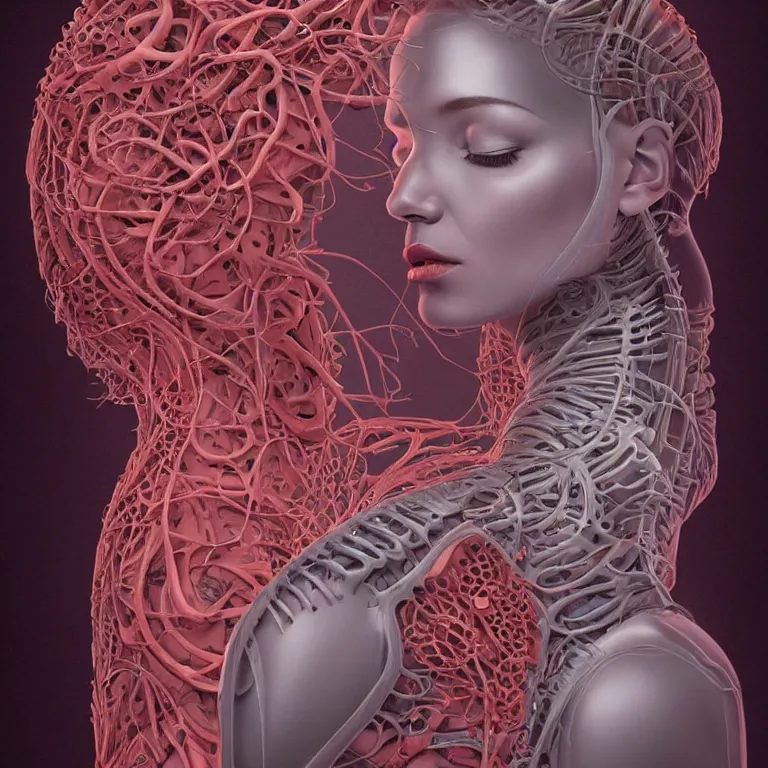 Image similar to portrait of beautiful!! symmetrical!! woman head with coral!! reef hair. torso, lungs, plates, biomechanical android. soft light painted by james jean and moebius!!! and erik jones, inspired by mary jane ansell, smooth face feature, intricate oil painting, high detail 3 d render, sharp high detail