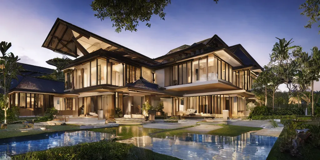 Image similar to 3d rendering of beautiful nature meets architecture concept of a residential house. balinese architecture, volumetric lighting, luxury, high detail, 14mm, cinematic photography, cg architects, high resolution